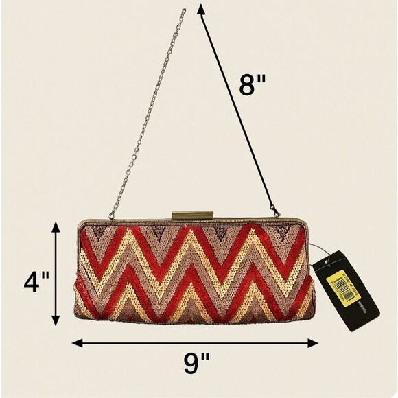 BCBGMaxAzria Retro Chevron Sequin Clutch with Silver Chain Strap‎ - Picture 2 of 8